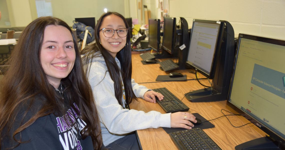 Hampton Bays AP Computer Science Students at Computers